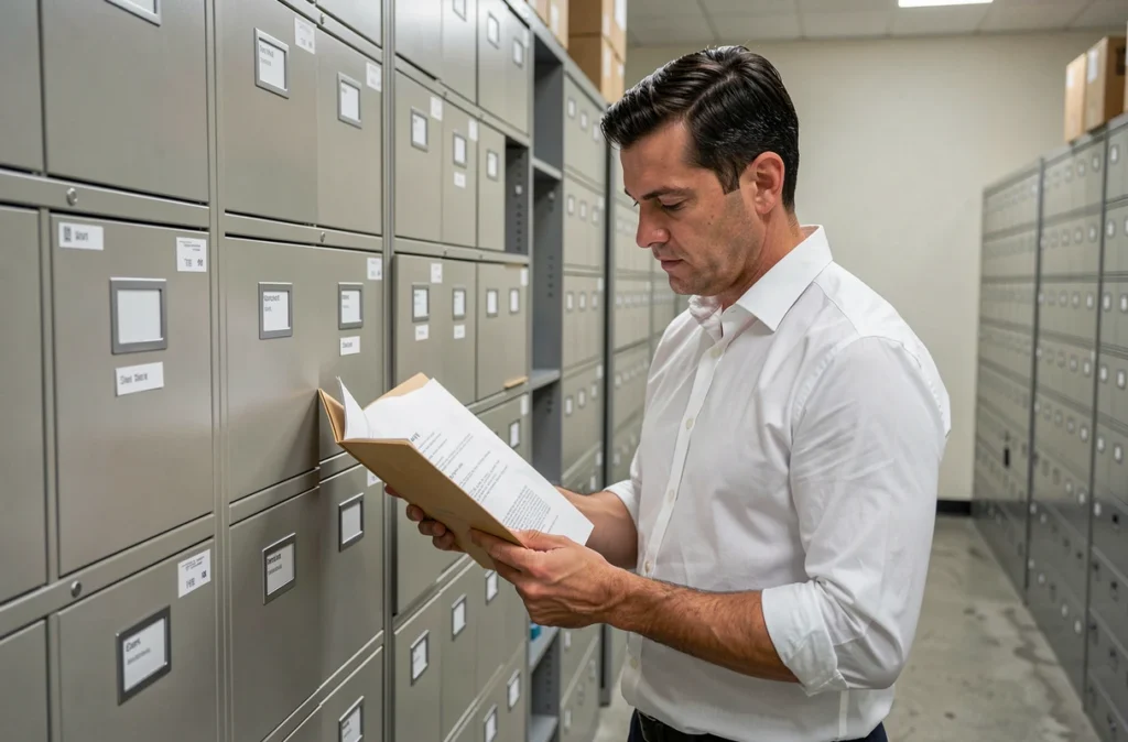 Homme consultant des dossiers dans une grande salle d'archives avec des classeurs métalliques