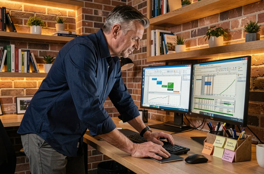 Homme professionnel travaillant sur Excel avec deux écrans dans un bureau à domicile