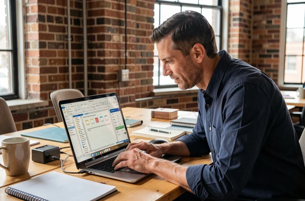 Homme travaillant avec des extensions Word sur un laptop dans un espace de coworking