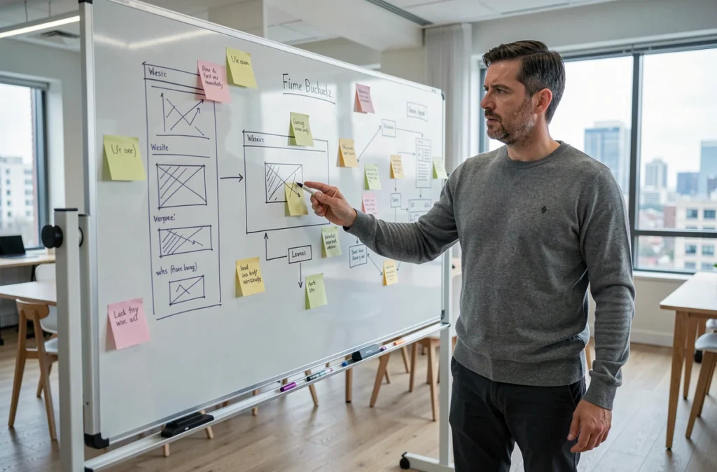 Homme présentant des maquettes d'interface web sur un tableau blanc dans un espace de coworking, illustrant les nouveautés web de 2026