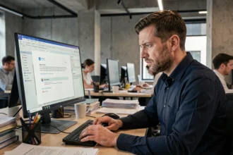 Un homme d'une trentaine d'années examine un e-mail de phishing suspect sur son écran d'ordinateur dans un bureau moderne