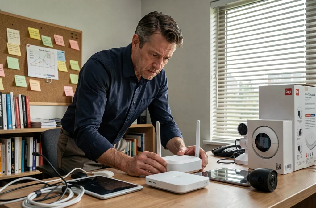 Homme examinant un routeur de maison connectée entouré d'appareils IoT dans un bureau à domicile, symbolisant les vulnérabilités des objets connectés