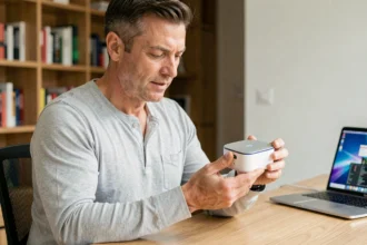 Homme tenant un routeur Wi-Fi 7 moderne dans un bureau à domicile connecté