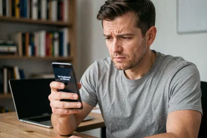 Homme tenant un smartphone Samsung affichant une erreur réseau non enregistré à son bureau