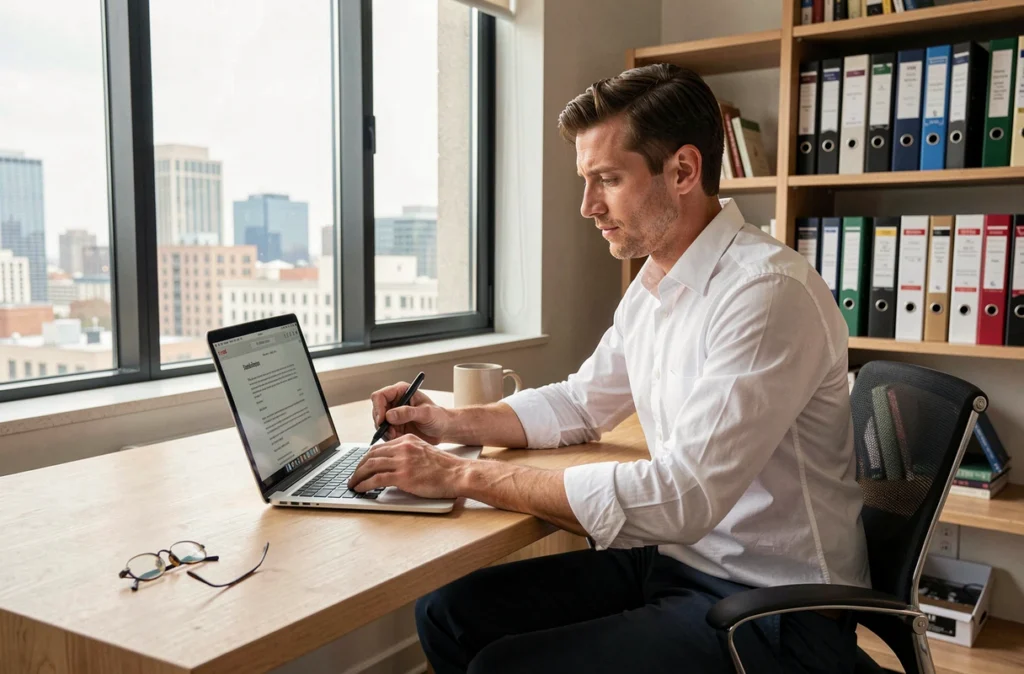 Homme d'affaires signant électroniquement un contrat PDF sur ordinateur portable dans un bureau exécutif avec vue urbaine