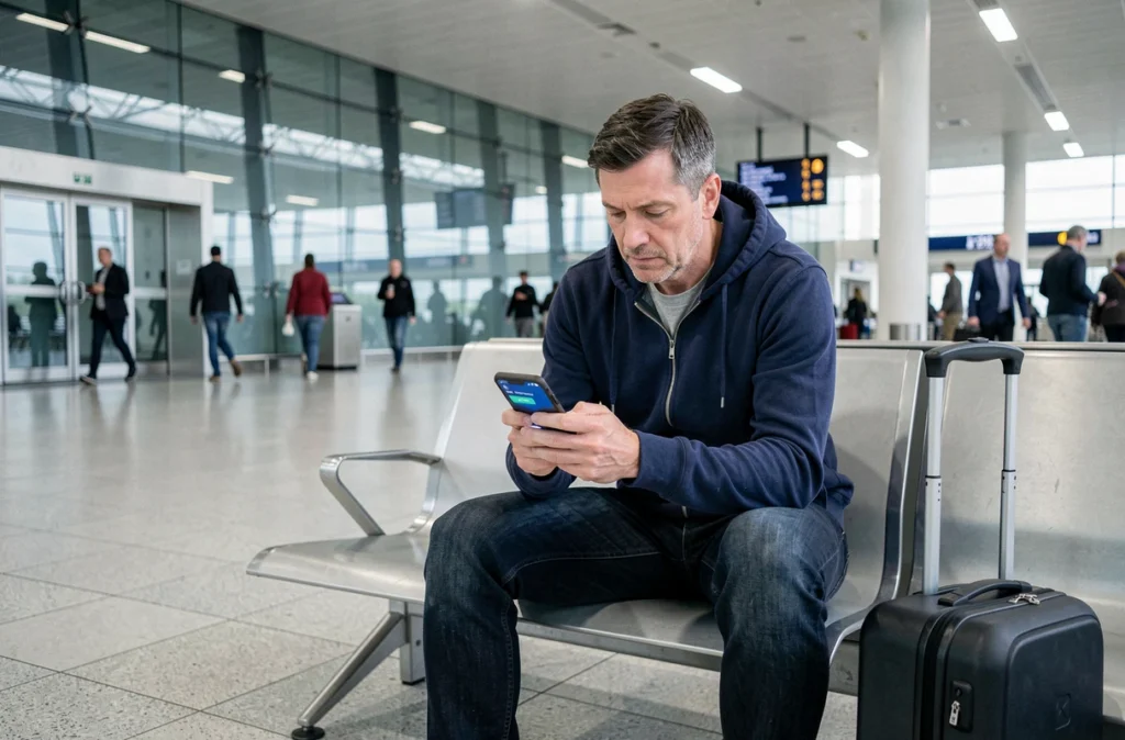 Homme consultant son smartphone dans un aéroport et utilisant un VPN pour sécuriser sa connexion WiFi publique