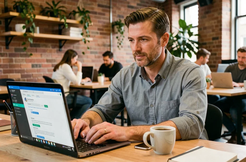 Homme travaillant à distance dans un espace de coworking utilisant une application de transfert sécurisé de documents sur ordinateur portable