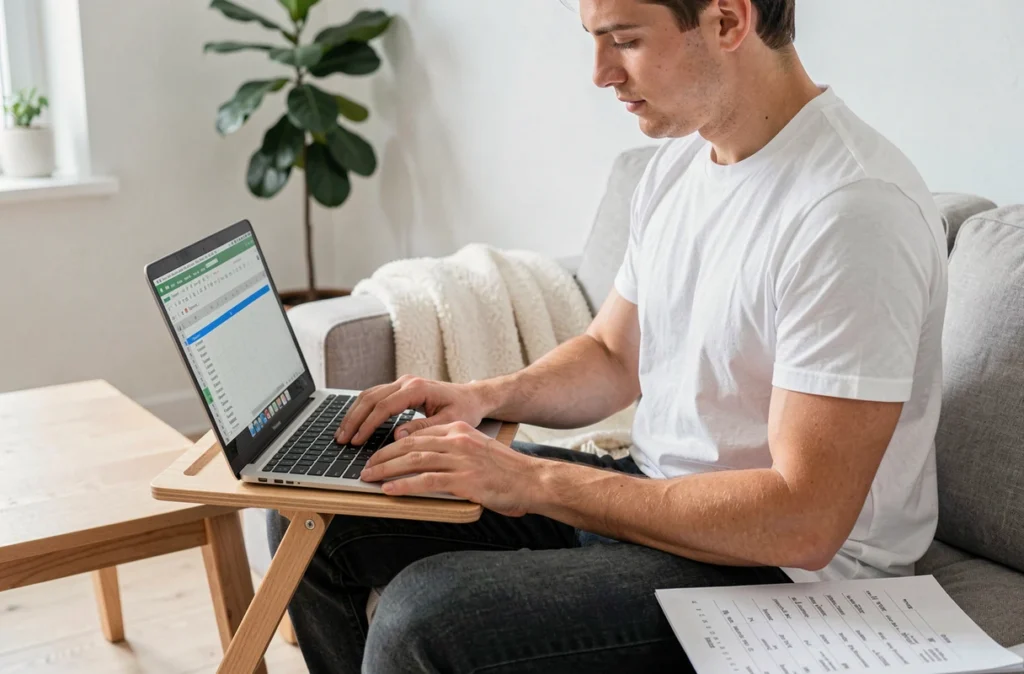 Jeune homme apprenant les raccourcis clavier Excel sur son canapé avec un aide-mémoire imprimé