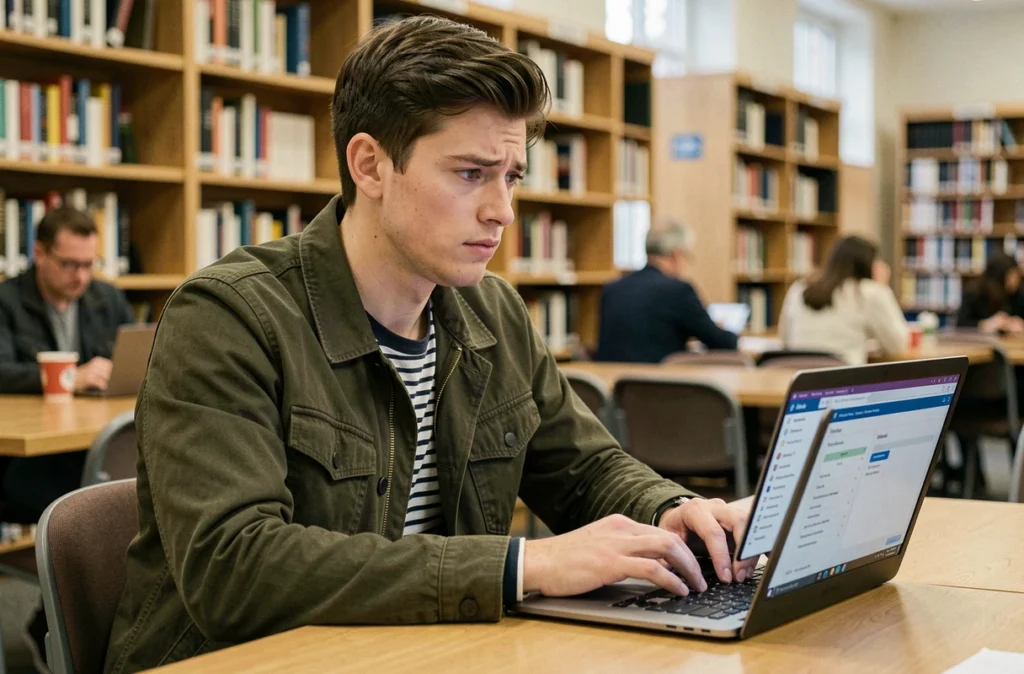 Jeune homme configurant les paramètres de sécurité réseau sur son ordinateur portable dans une bibliothèque publique