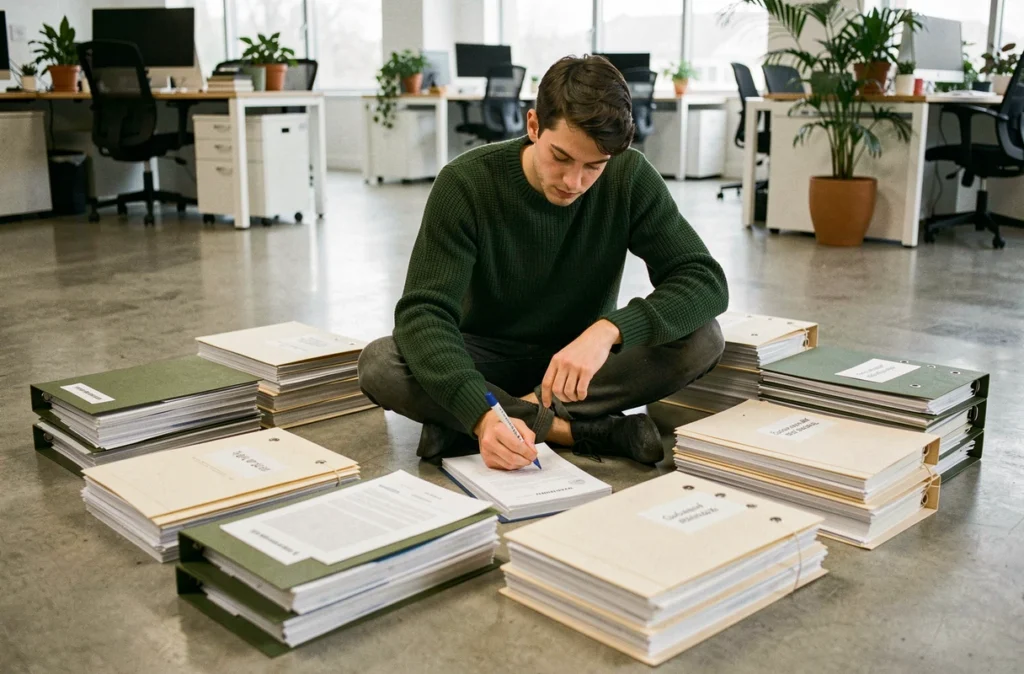 Jeune professionnel classant des documents sur le sol d'un espace de travail moderne