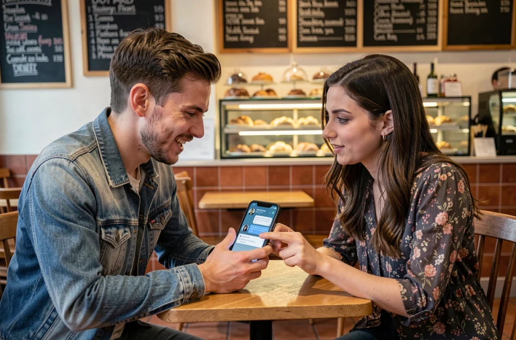 Deux jeunes adultes discutant d'un chatbot IA sur smartphone dans un café urbain