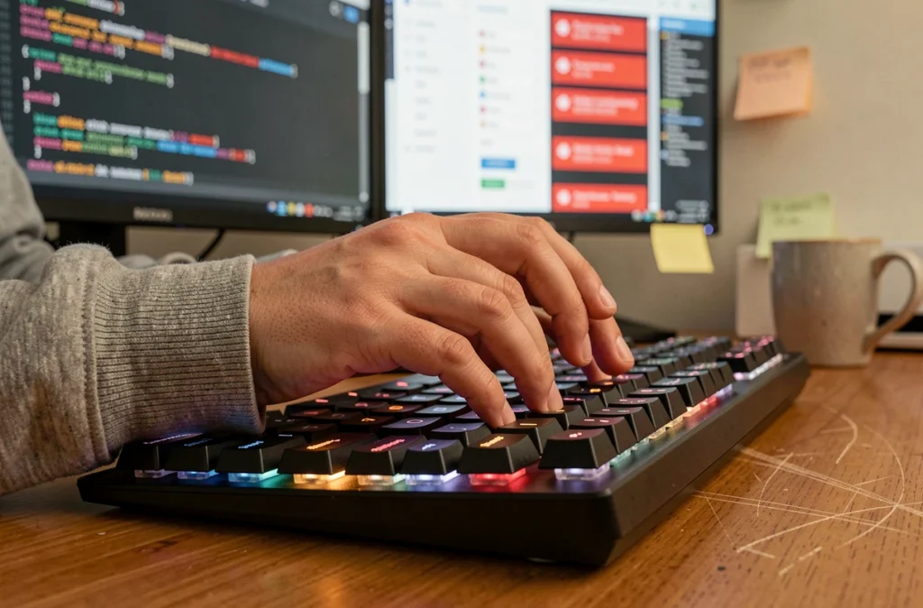Gros plan sur des mains tapant au clavier lors d'une simulation d'attaque de phishing assistée par intelligence artificielle