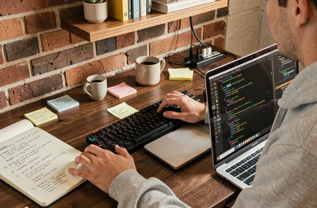 Mains d'un développeur codant un script d'automatisation bureautique sur laptop dans un bureau à domicile avec notes et clavier mécanique