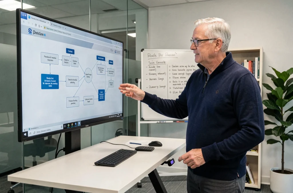 Manager senior présentant un diagramme d'automatisation de processus bureautiques sur écran mural dans une salle de réunion vitrée