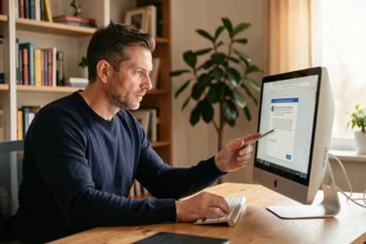 Un homme d'une quarantaine d'années met à jour ses logiciels sur un ordinateur de bureau dans un bureau à domicile moderne