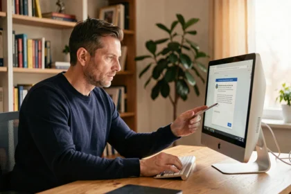 Un homme d'une quarantaine d'années met à jour ses logiciels sur un ordinateur de bureau dans un bureau à domicile moderne