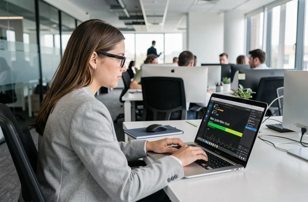 Une jeune femme professionnelle effectue une mise à jour logicielle sur son ordinateur portable dans un open space d'entreprise