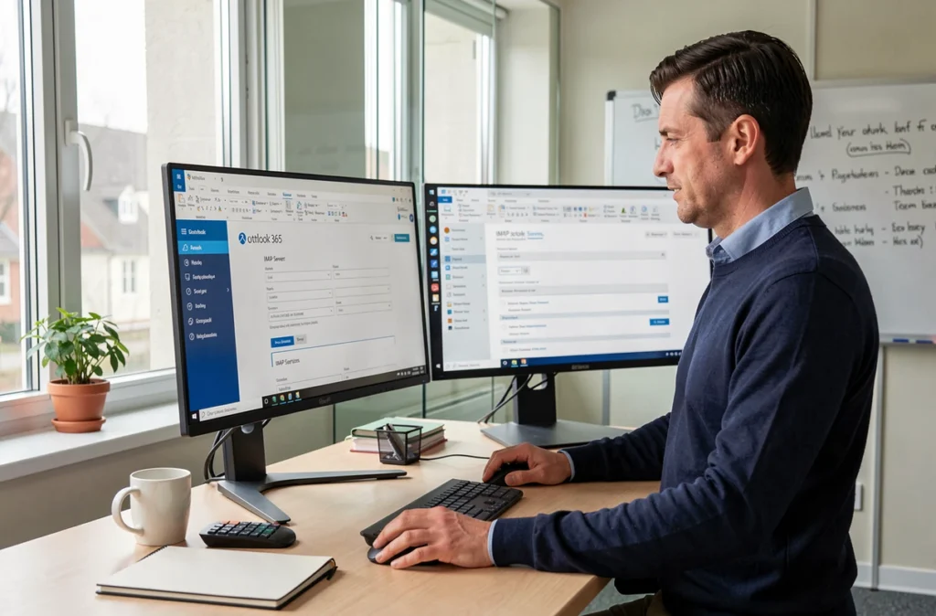 Homme paramétrant la messagerie INRAE sur Outlook 365 devant un grand écran dans un bureau de recherche