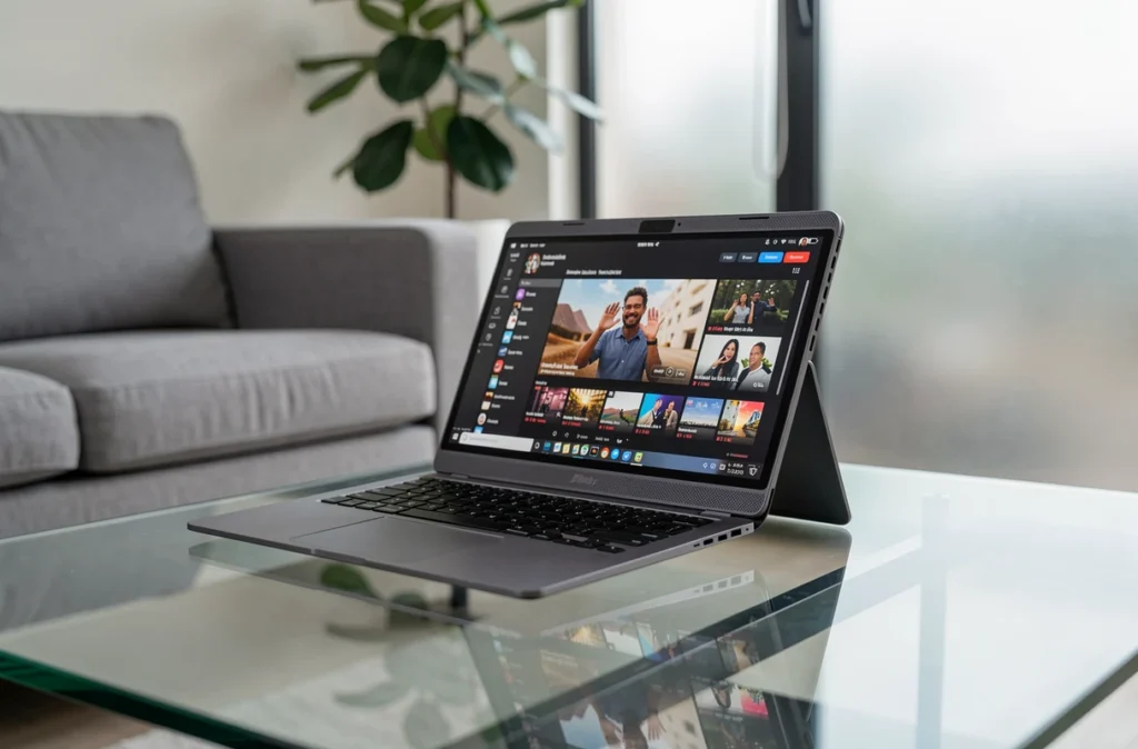 PC portable pliable en mode tente sur une table basse dans un salon moderne mettant en valeur sa charnière innovante