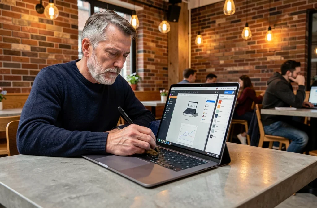 Homme utilisant un PC portable pliable à double écran dans un café urbain avec des murs en briques apparentes