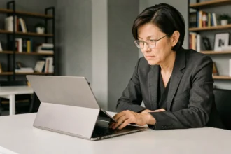 Femme utilisant un PC portable pliable avec écran OLED flexible sur un bureau minimaliste dans un bureau moderne