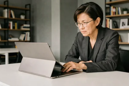 Femme utilisant un PC portable pliable avec écran OLED flexible sur un bureau minimaliste dans un bureau moderne