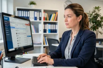Personnel non enseignant d'une université consultant son webmail sur un ordinateur de bureau dans un bureau administratif moderne