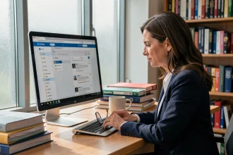 Professeure d'université consultant ses courriels Zimbra sur un ordinateur de bureau dans son bureau académique