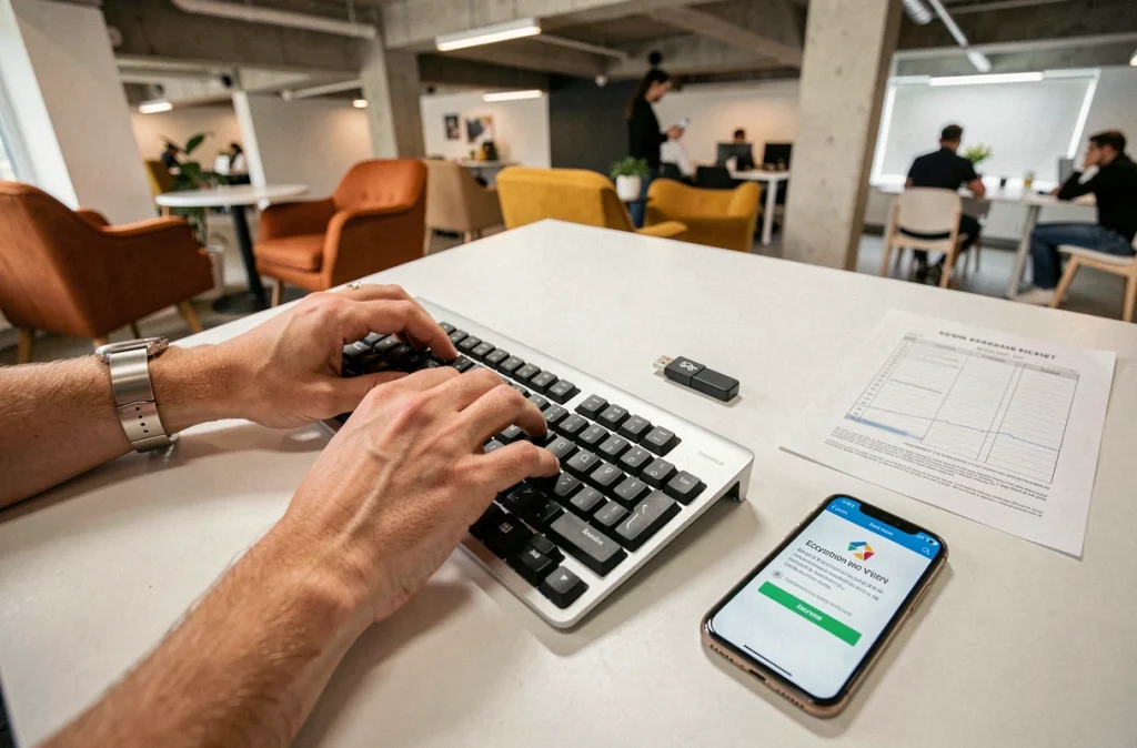 Mains d'un professionnel gérant la protection de fichiers sensibles ODT et DOCX sur un bureau épuré