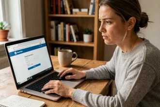 Femme concentrée tentant de récupérer son mot de passe sur un webmail depuis son bureau à domicile