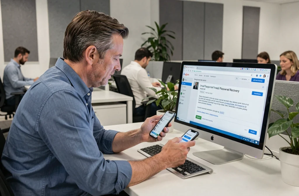 Homme en open space consultant sa messagerie webmail pour réinitialiser son mot de passe perdu