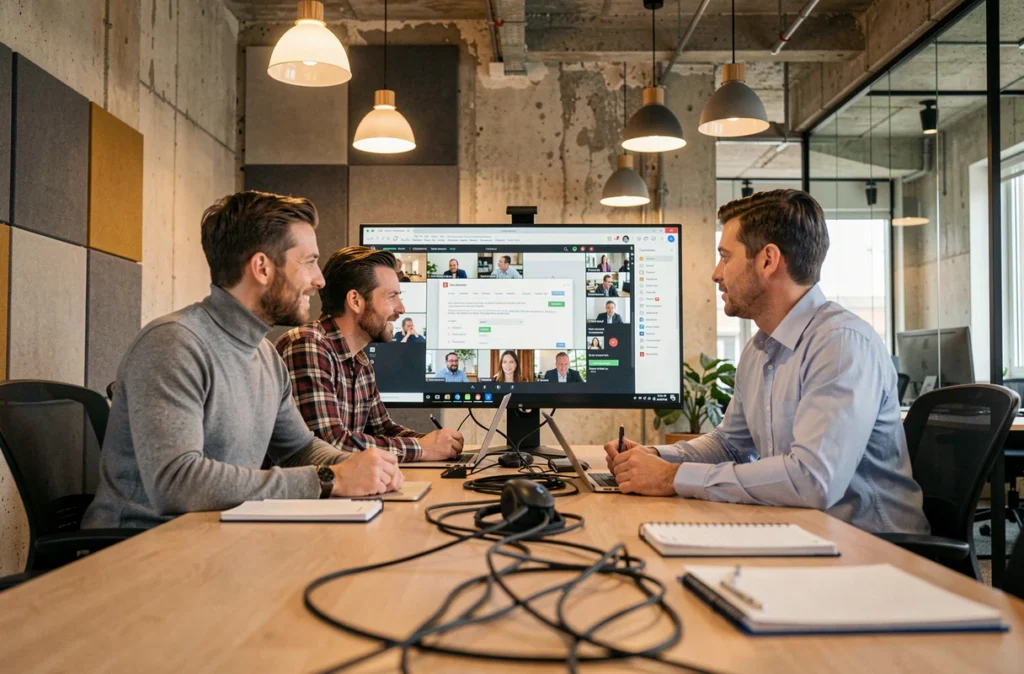 Équipe de collègues utilisant une solution de visioconférence intégrée dans un espace de travail collaboratif moderne