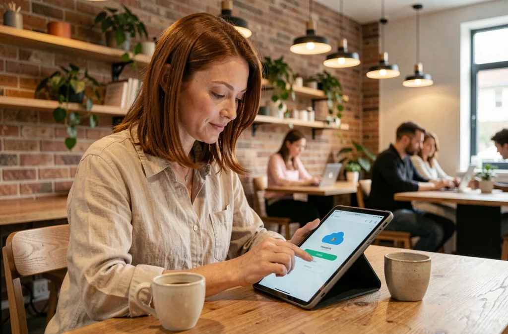 Jeune professionnelle configurant une sauvegarde automatique dans le cloud sur une tablette dans un espace de coworking moderne