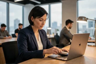Femme professionnelle connectant un disque dur externe à son ordinateur portable dans un bureau moderne pour sauvegarder ses données