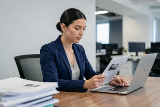 Femme professionnelle sécurisant des documents sensibles sur ordinateur portable dans un bureau moderne