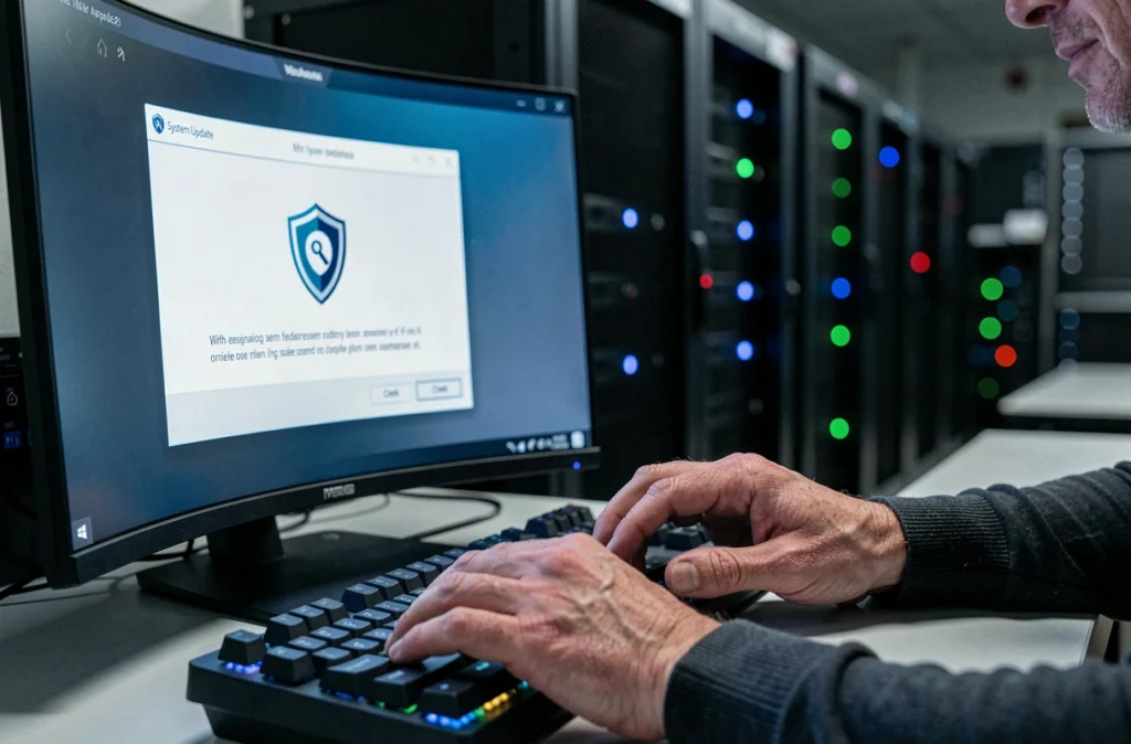 Mains d'un technicien informatique validant une mise à jour de sécurité système devant un écran dans une salle serveurs