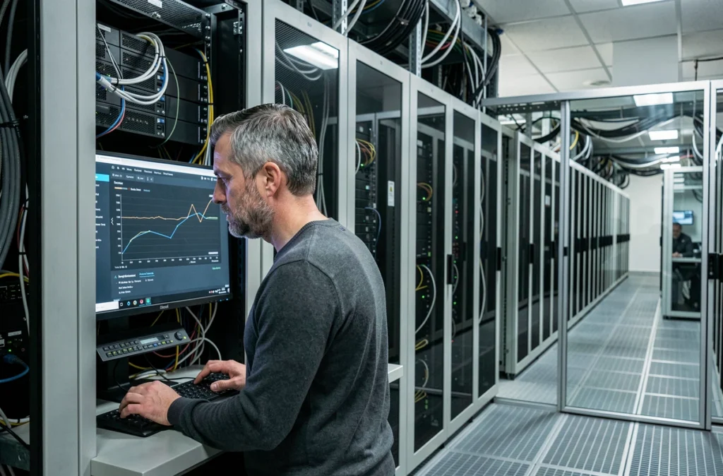 Technicien informatique surveillant une sauvegarde de données en cours sur un serveur professionnel dans une salle des serveurs