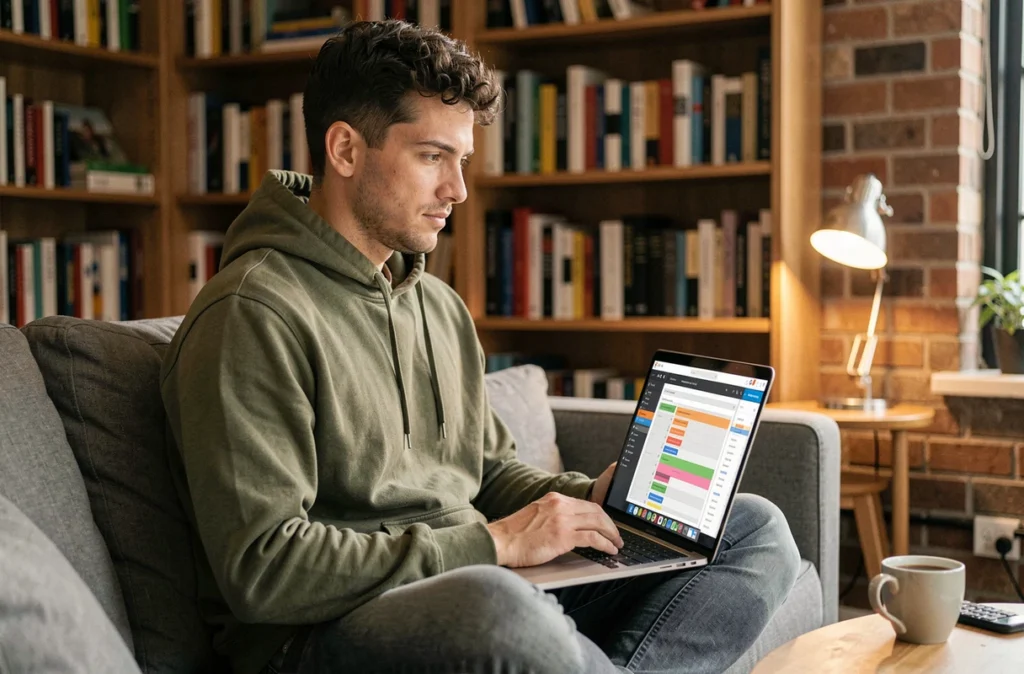 Développeur ou collaborateur travaillant sur un logiciel de gestion de versions de documents depuis son bureau à domicile
