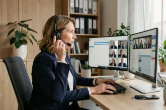 Professionnelle en visioconférence intégrée à une suite bureautique sur double écran dans un bureau moderne