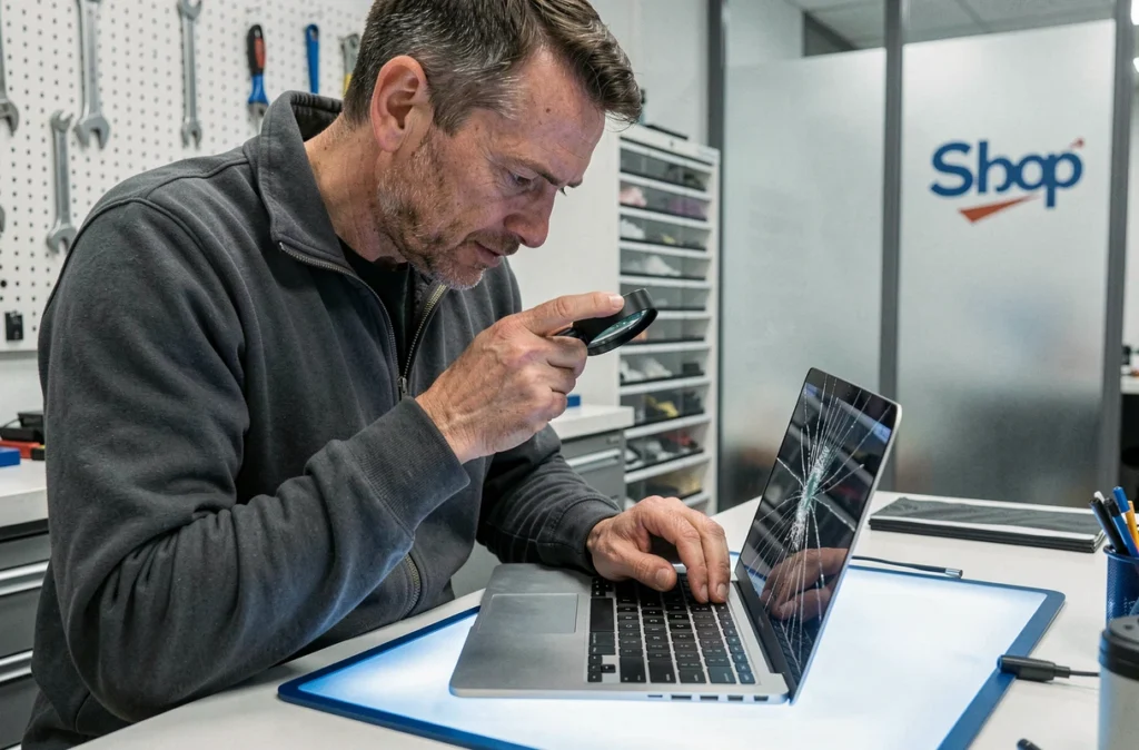 Technicien de 1formatic inspectant un écran d'ordinateur portable fissuré avec une loupe dans un atelier informatique du Finistère