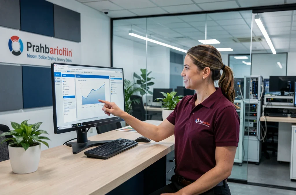 Technicienne d'ADI Informatique expliquant les résultats d'une récupération de données à un client dans un bureau informatique du Finistère