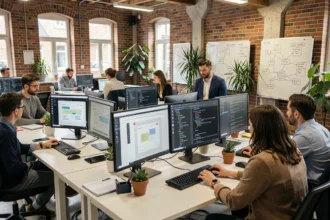 Bureau d'une agence de développement web dans l'Oise avec des professionnels travaillant sur des projets numériques