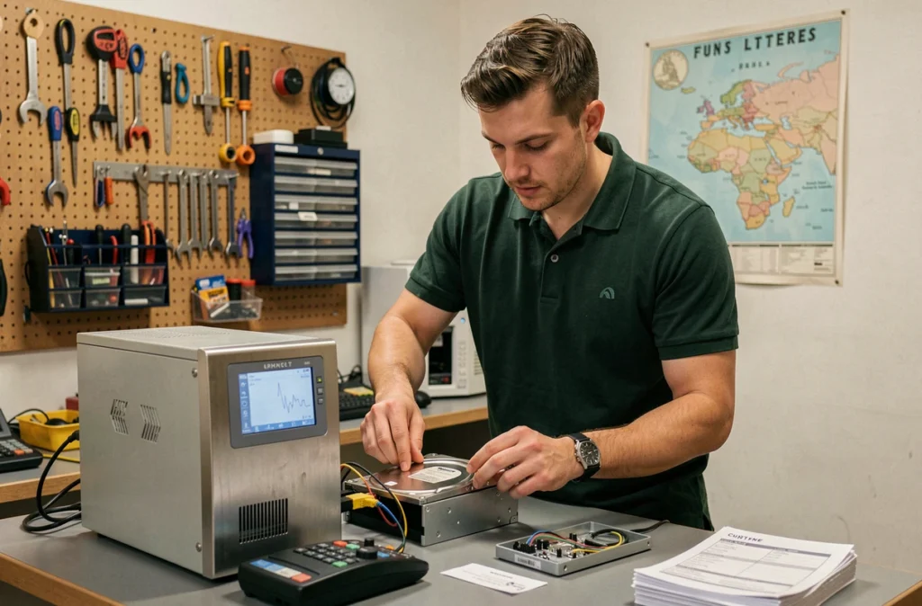Technicien d'ATI PC connectant un disque dur à un équipement de diagnostic dans un atelier informatique du Finistère