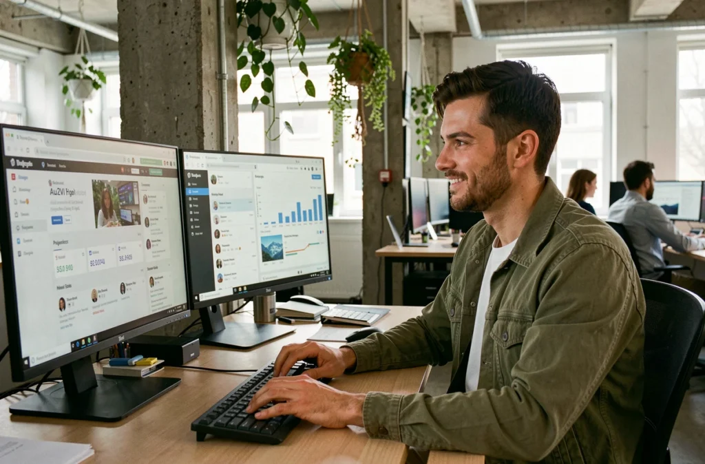 Chef de projet web d'Au2Vi gérant plusieurs outils numériques depuis un poste de travail multi-écrans dans un studio polyvalent