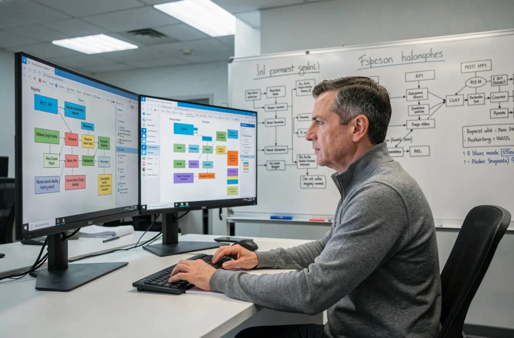 Architecte technique de BeAPI analysant une architecture WordPress complexe sur des moniteurs ultra-larges dans un bureau spécialisé