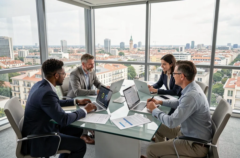 Équipe de consultants Capgemini dans un bureau moderne à Montpellier discutant d'une proposition de transformation IT