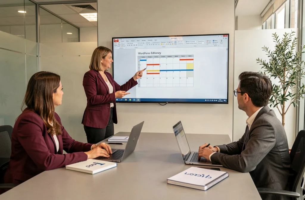 Stratège en communication de Com3Elles présentant un calendrier éditorial WordPress à son équipe dans une salle de réunion d'agence