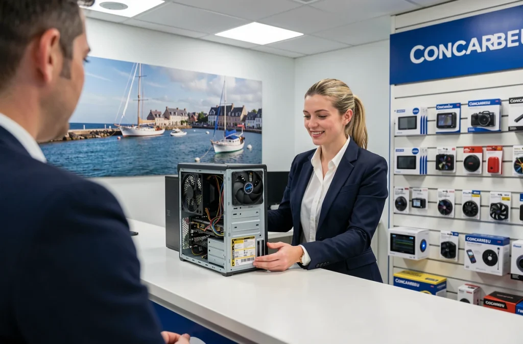 Technicienne de Concarnordi remettant un ordinateur réparé à un client dans une boutique informatique moderne à Concarneau