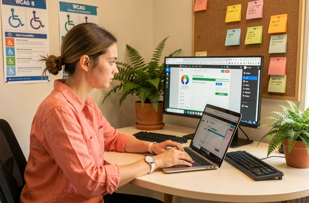 Spécialiste en accessibilité numérique de COSIWEB réalisant un audit d'un site WordPress selon les normes WCAG