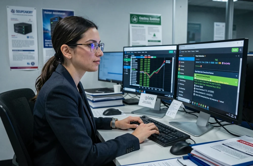 Analyste de Cyber-LID supervisant un tableau de bord de cybersécurité et de contrats de maintenance informatique